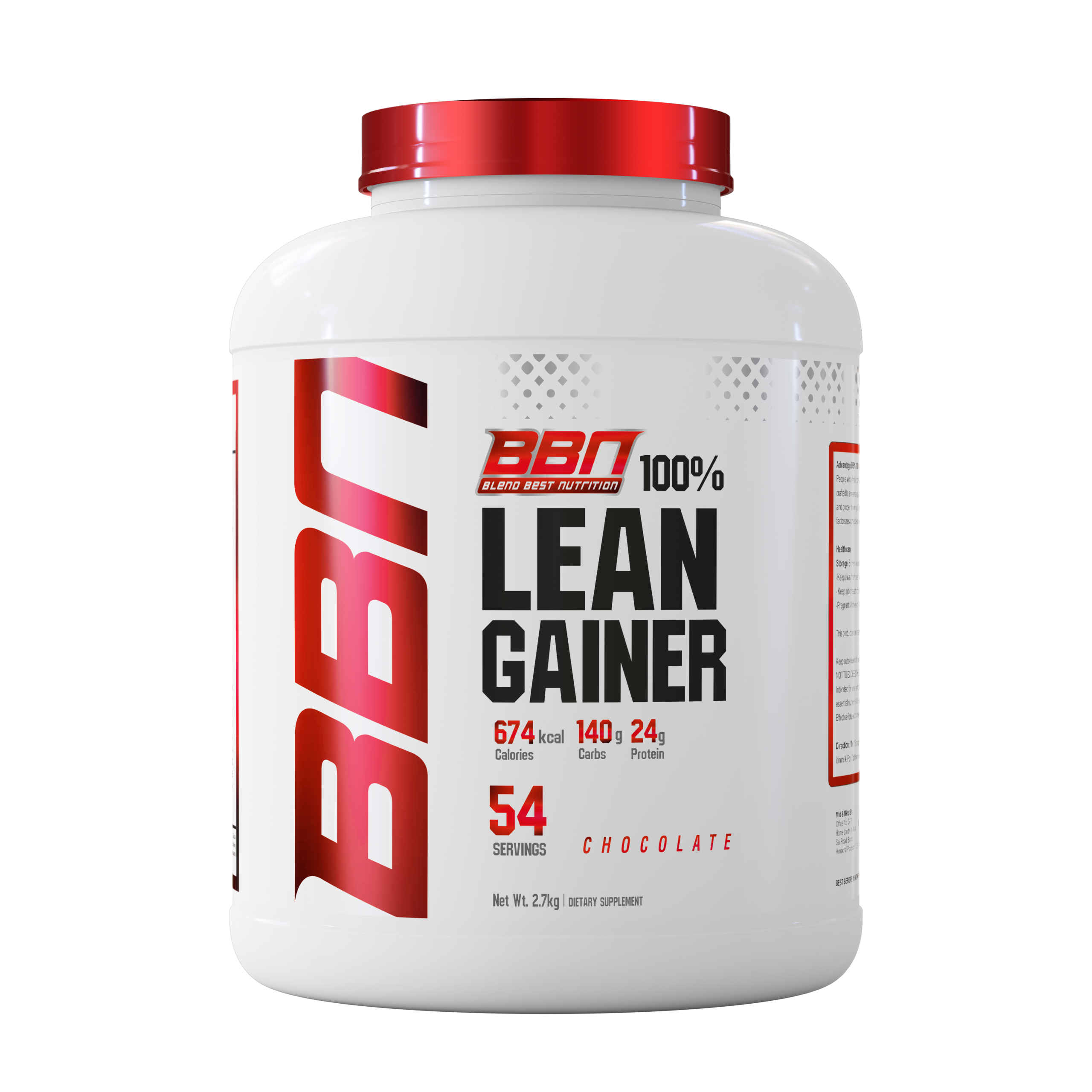 BBN 100 percent lean gainer chocolate flavour 2.7kg high calorie muscle building supplement